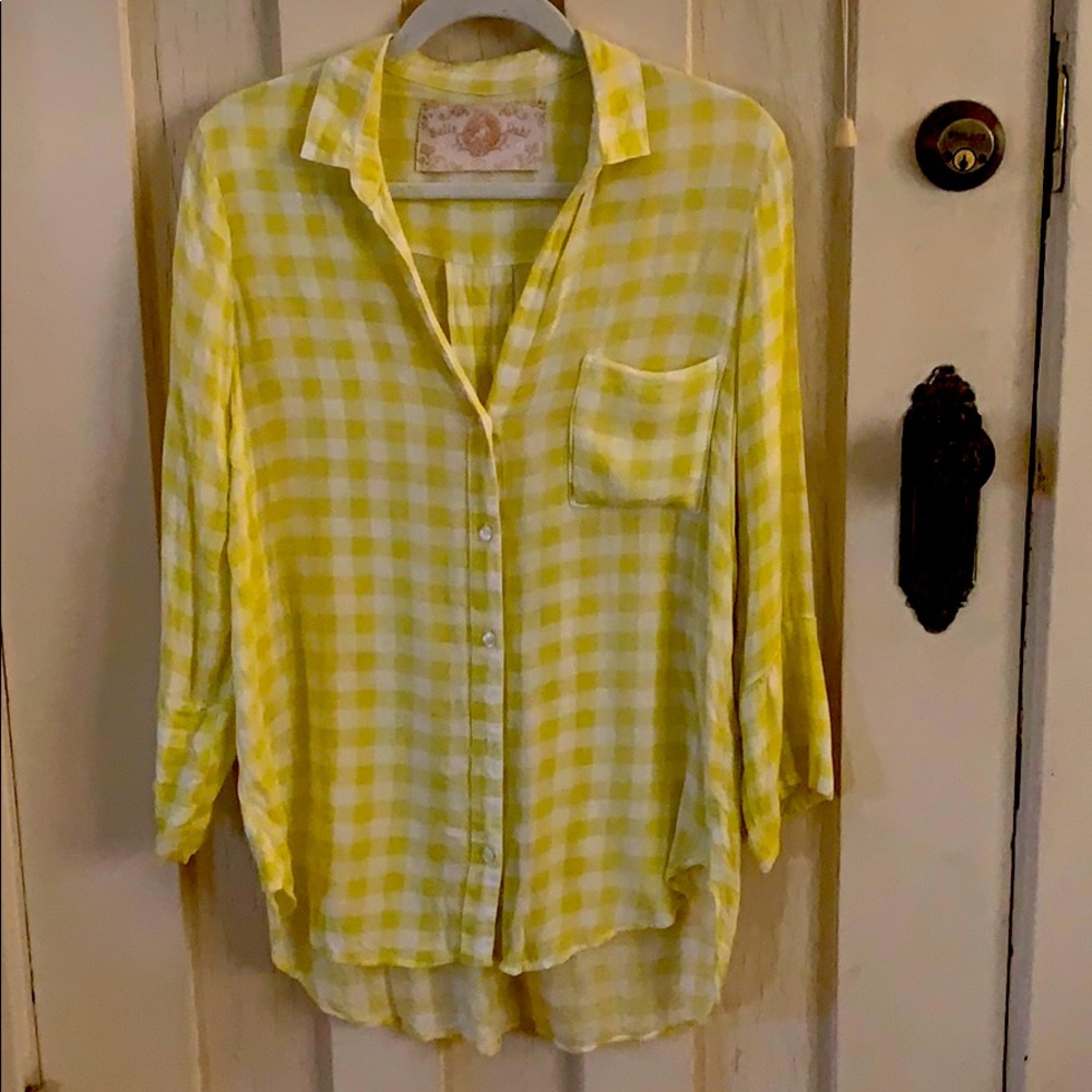 Bella Dahl chartreuse gingham rayon shirt
